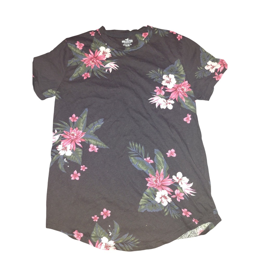Hollister Womens Curved Hem Tee Black Tropical Floral Hibiscus Print Small S
